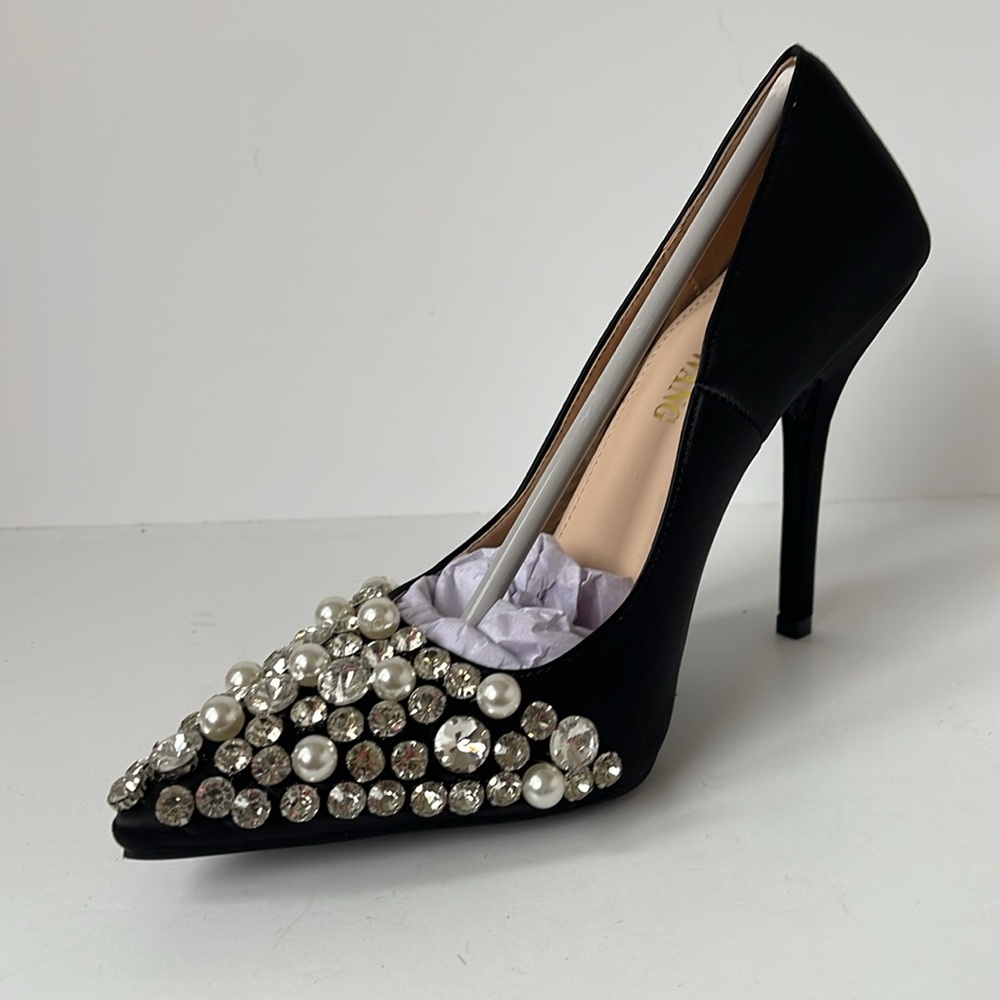Azalea Wang Women’s Black Satin Embellished Stiletto Heels Pointed Toe Size 7.5 - Picture 3 of 10